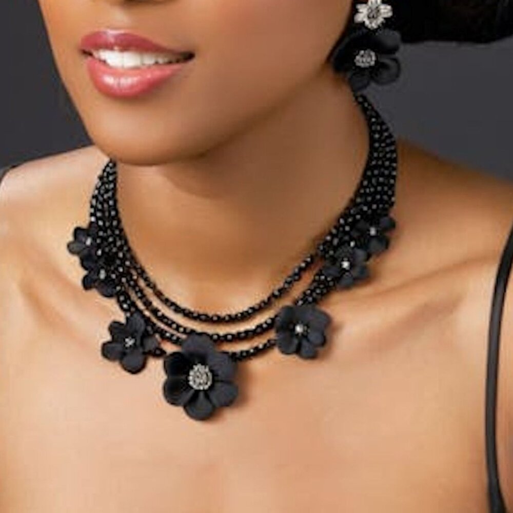Black Beaded Layered Flower Jewelry Set